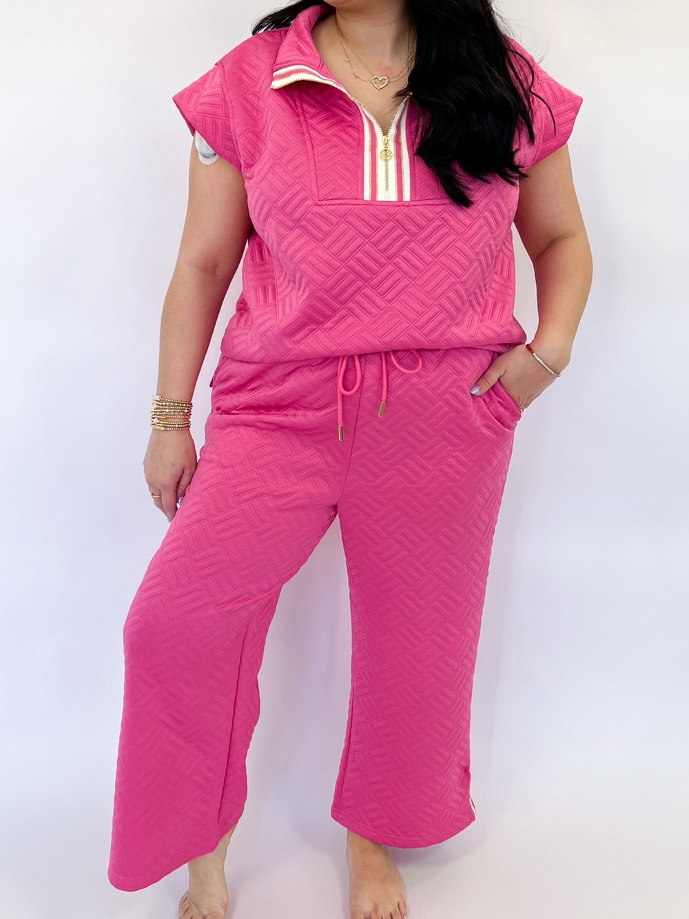 Quilted Drawstring Wide-Leg Pants SET in Hot Pink